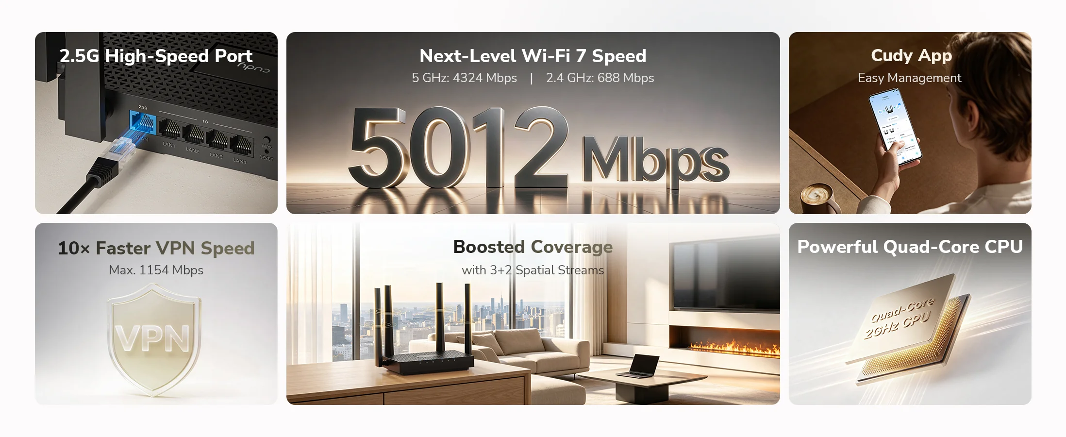 Cudy WR5000 Wi-Fi 7 router feature highlights: 5-stream dual-band Wi-Fi 7, 2.5GbE WAN, 200 devices, Cudy Mesh, VPN, app and cloud control