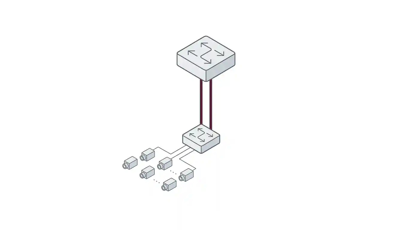 Diagram showing a dual-uplink redundant switch topology for a SIRA-compliant CCTV network