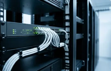 PoE switch for CCTV Dubai — managed network switch with camera cabling in a rack