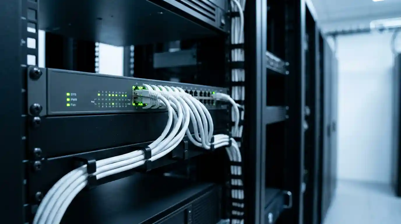 PoE switch for CCTV Dubai — managed network switch with camera cabling in a rack