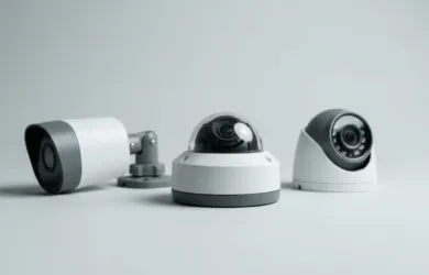 Professional IP dome and bullet cameras arranged on a neutral surface for specification review