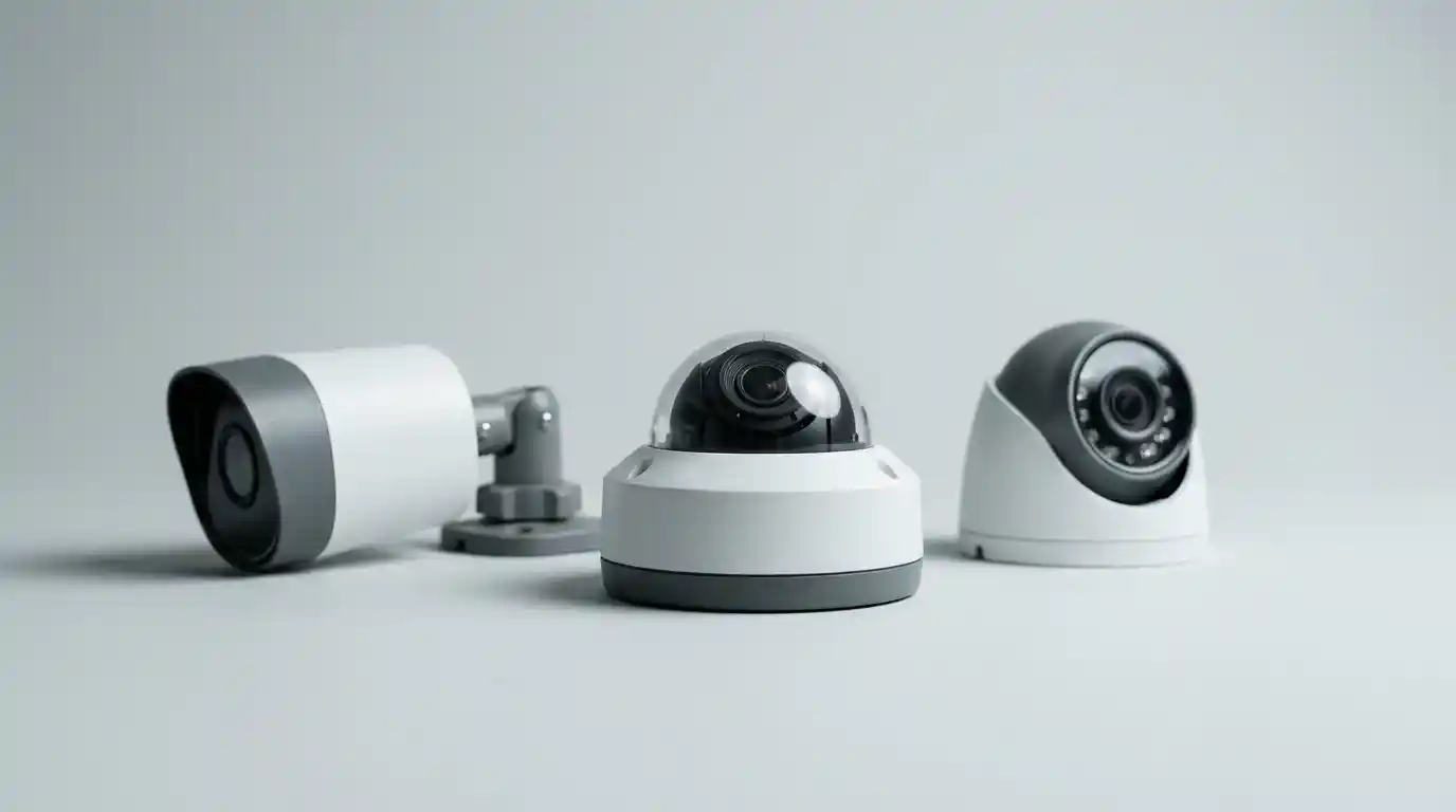 SIRA approved CCTV cameras arranged on a neutral surface for specification review
