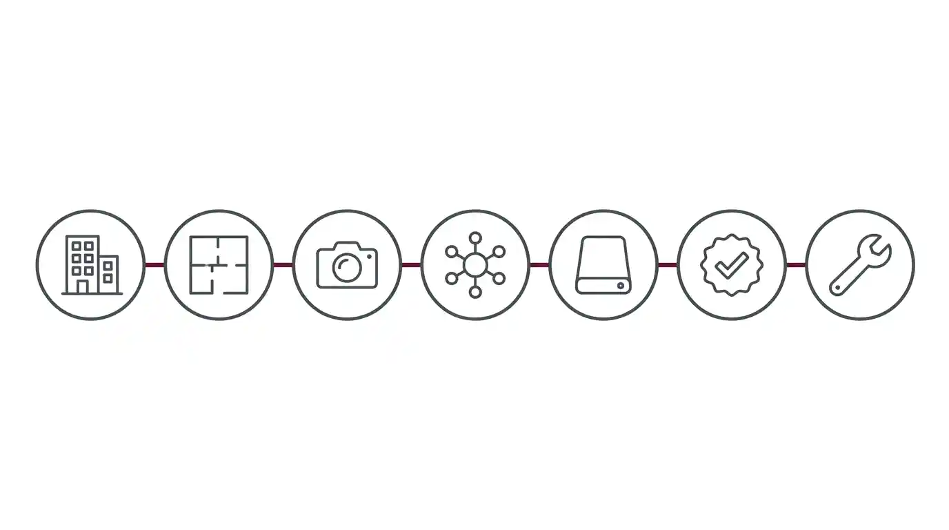 Seven-step process diagram for planning a compliant CCTV system from establishment type through to maintenance contract