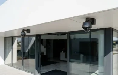 IP surveillance cameras mounted above the entrance of a modern commercial building