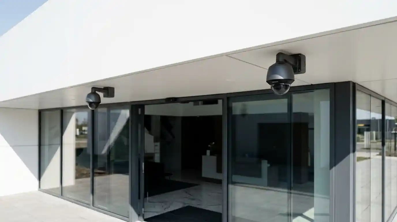 IP surveillance cameras mounted above the entrance of a modern commercial building
