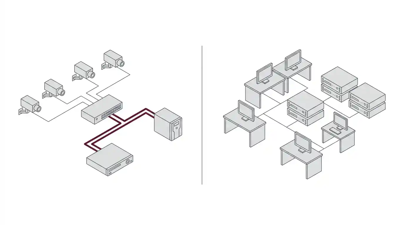 Network diagram showing a dedicated surveillance network separated from the business network with redundant backbone links