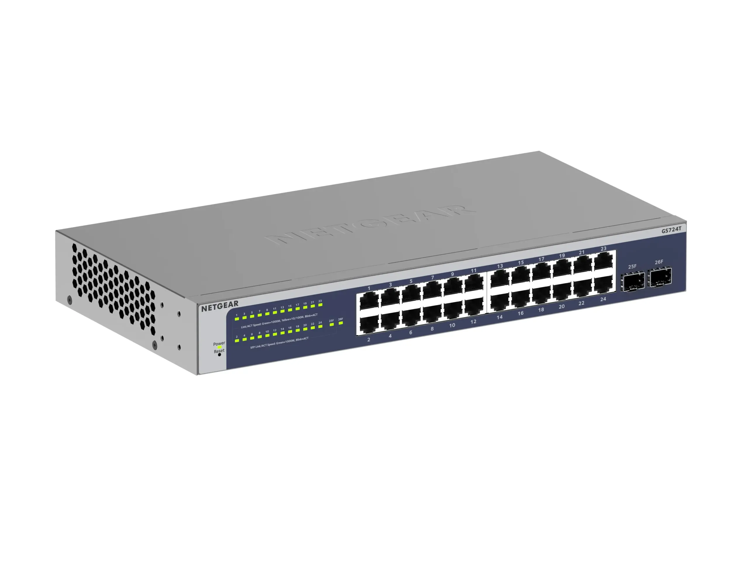 NETGEAR GS724Tv6 24-port Gigabit Smart Switch, front left view