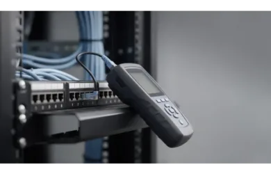 Cable certification testing — handheld field tester connected to a patch panel during commissioning