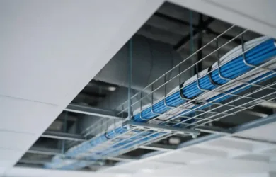 Cable fire ratings — network cables with different jacket types coiled in a commercial building ceiling void