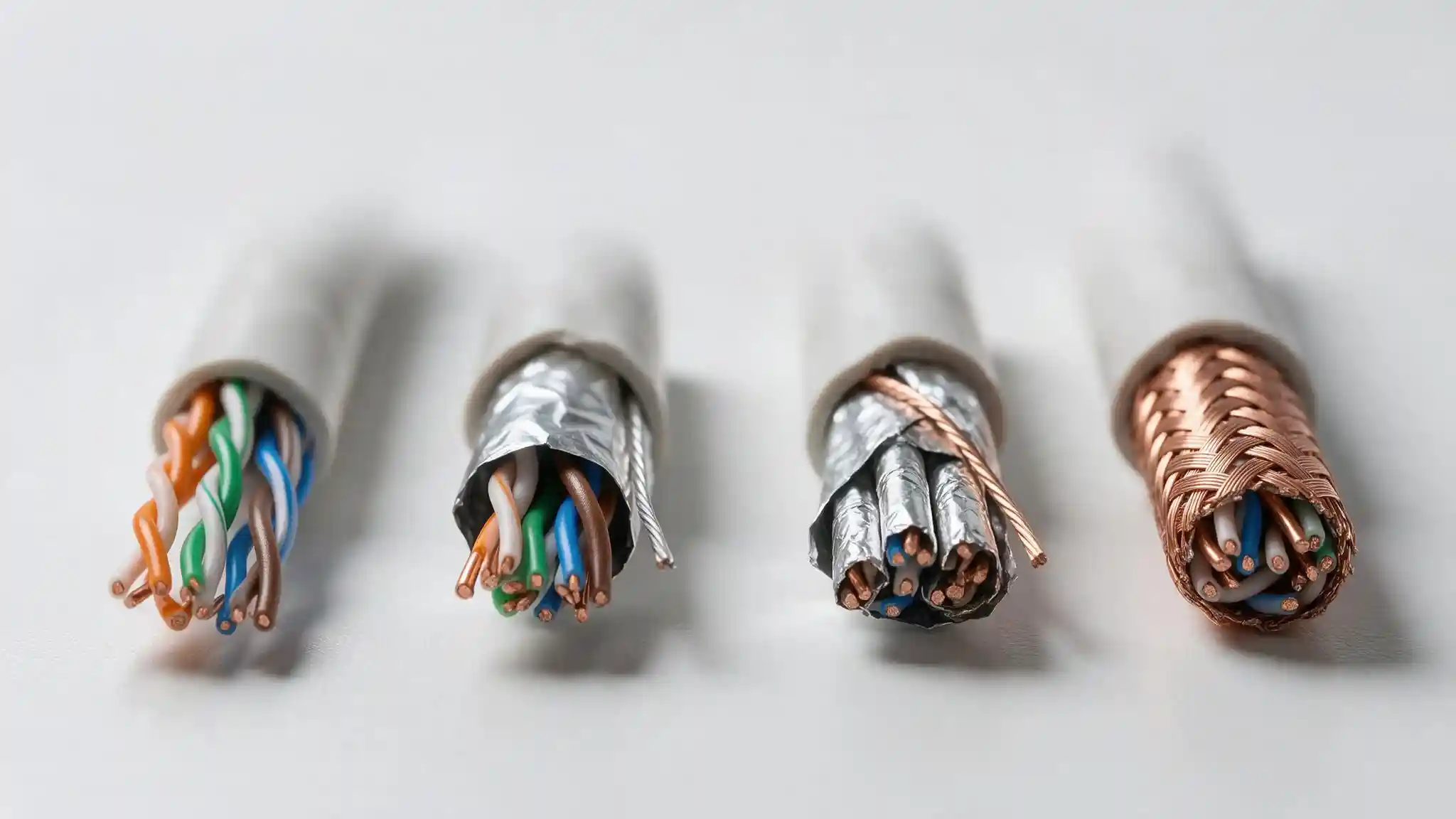 Cable shielding types — cut ends of shielded and unshielded network cables showing foil and braid layers