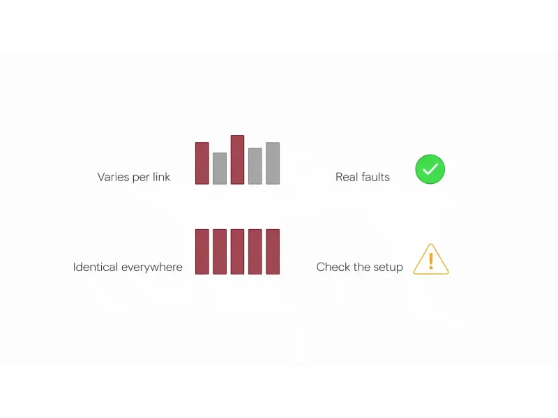 Diagram of test setup errors that cause false failures on a cable test report