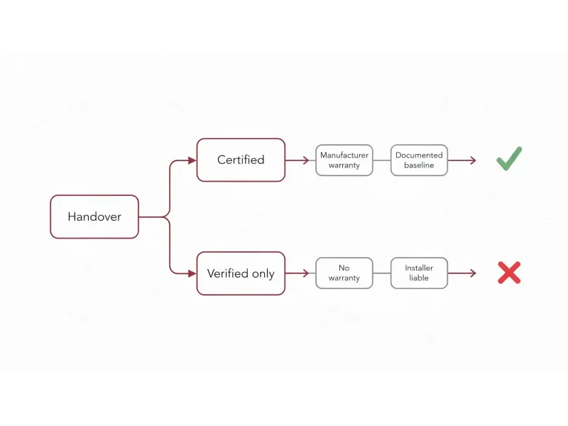 Diagram showing the warranty consequence of cable certification testing versus verification only at handover