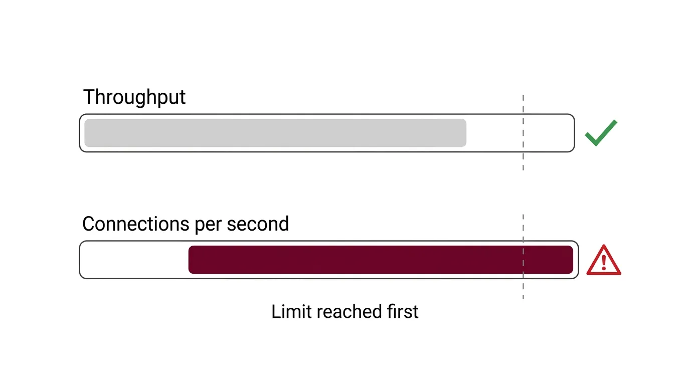 Diagram showing how connections per second can limit a firewall before throughput does