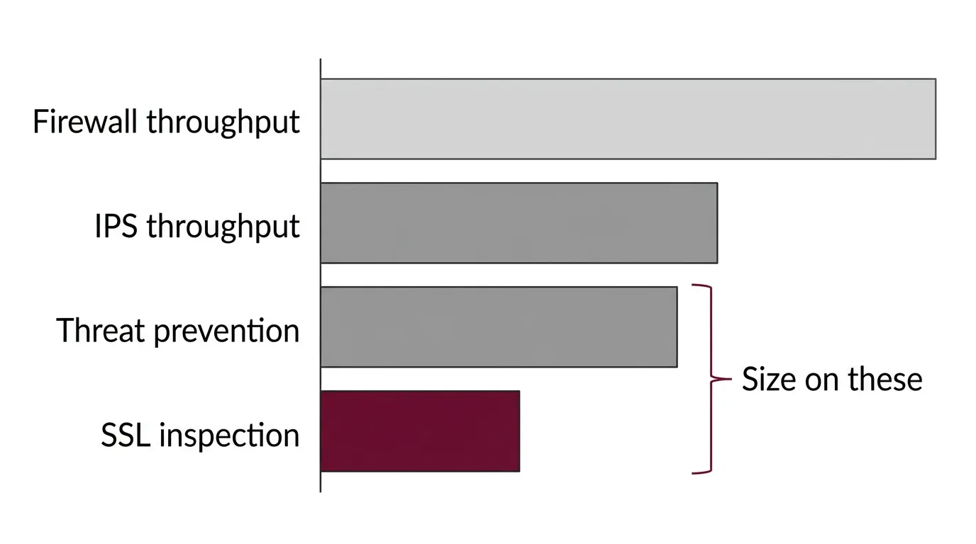 Diagram comparing firewall sizing throughput figures from raw forwarding down to inspected traffic