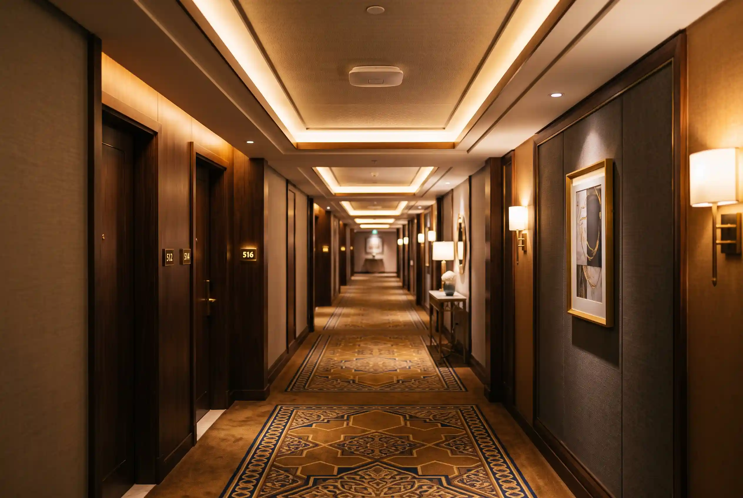 Hotel guest corridor in the UAE with in-room wireless access points and network cabling
