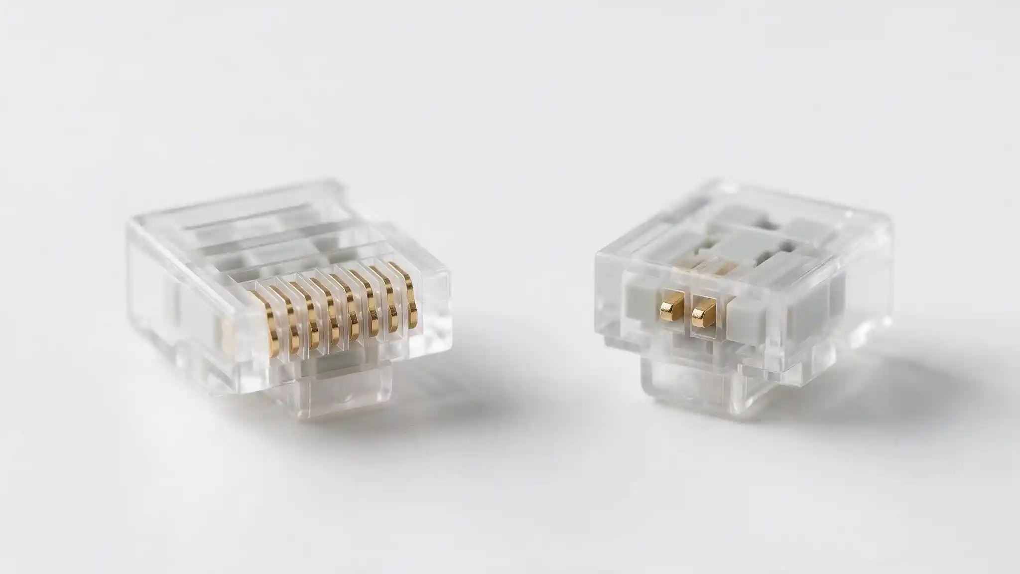 RJ45 vs RJ11 connectors side by side showing the difference in width and contact count