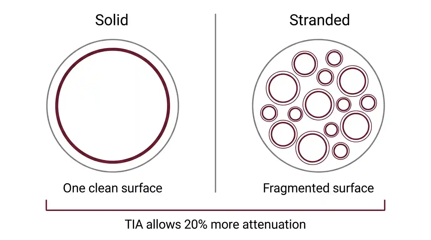 Diagram showing air gaps and skin effect causing higher attenuation in stranded versus solid Ethernet cable
