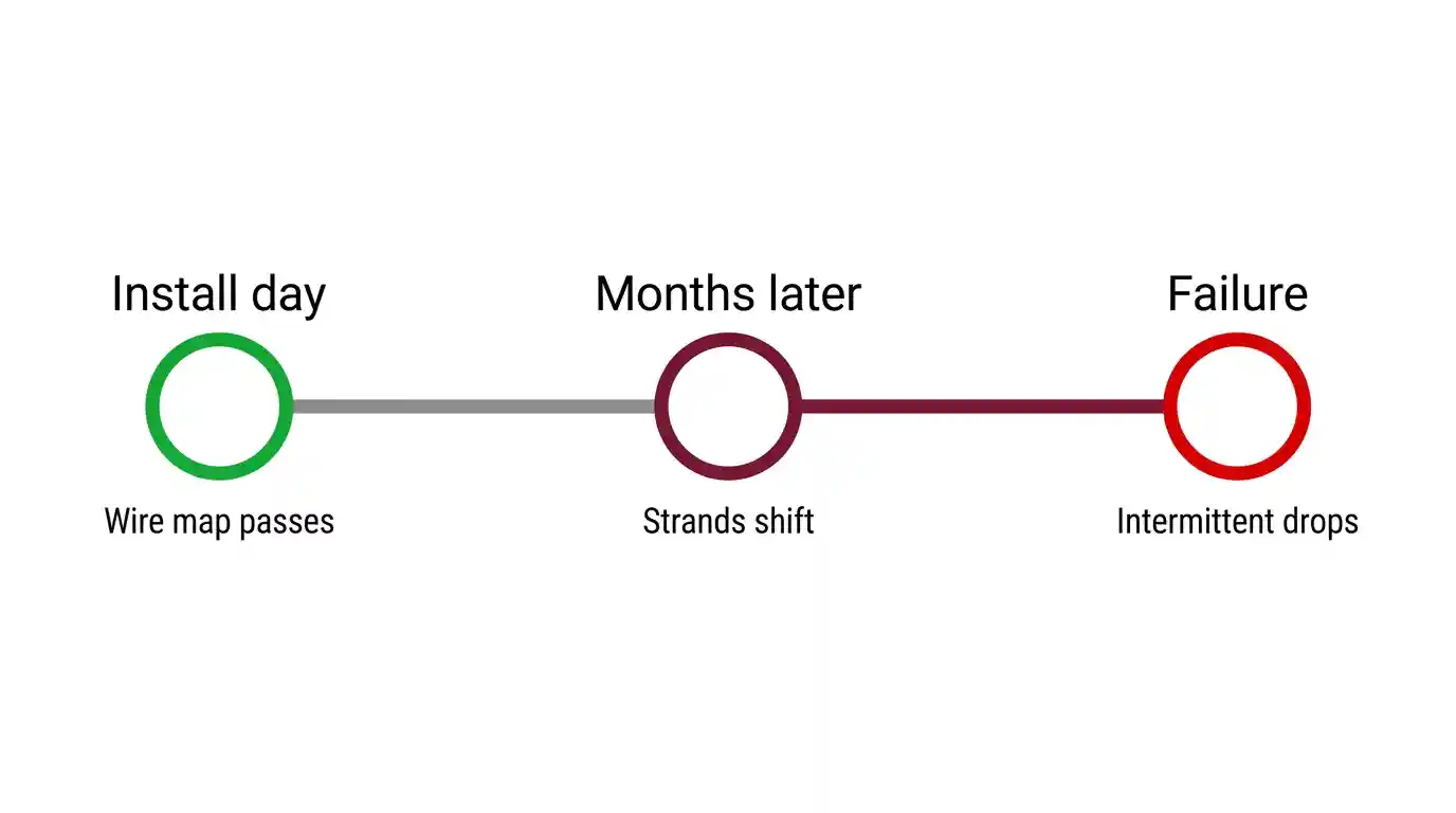 Timeline diagram showing how a solid vs stranded Ethernet cable mismatch passes testing then fails months later