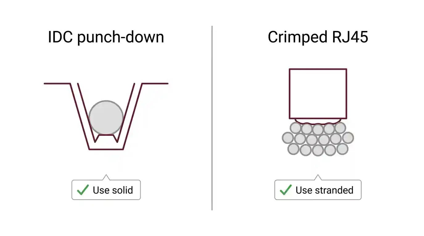 Diagram comparing IDC punch-down termination for solid conductor against crimped RJ45 termination for stranded conductor