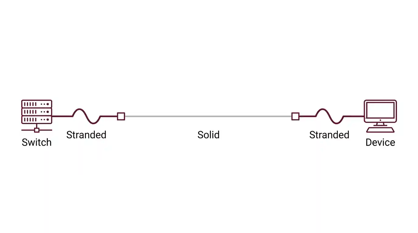 Diagram showing where solid vs stranded Ethernet cable belongs across a structured cabling channel