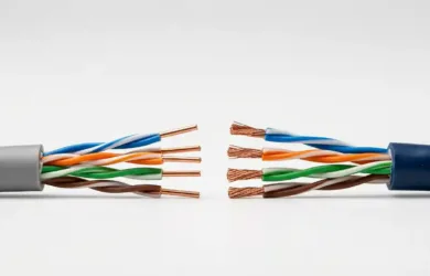 Solid vs stranded Ethernet cable — cut ends of both conductor types side by side