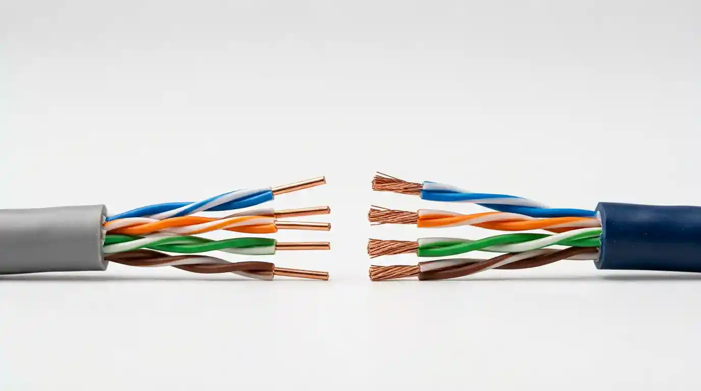 Solid vs stranded Ethernet cable — cut ends of both conductor types side by side