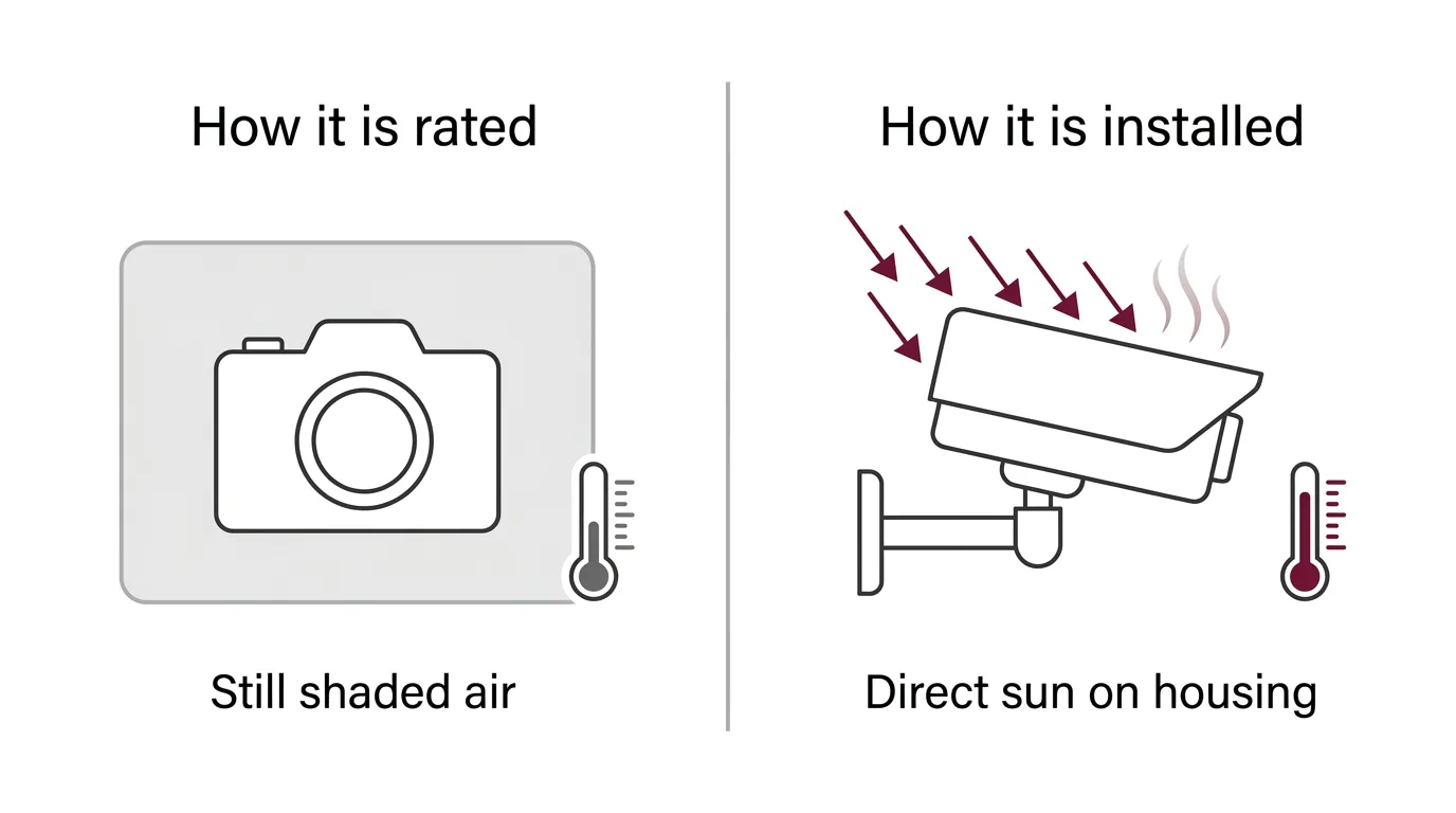 Diagram comparing the rated ambient temperature of outdoor IP cameras against actual housing surface temperature in direct sun