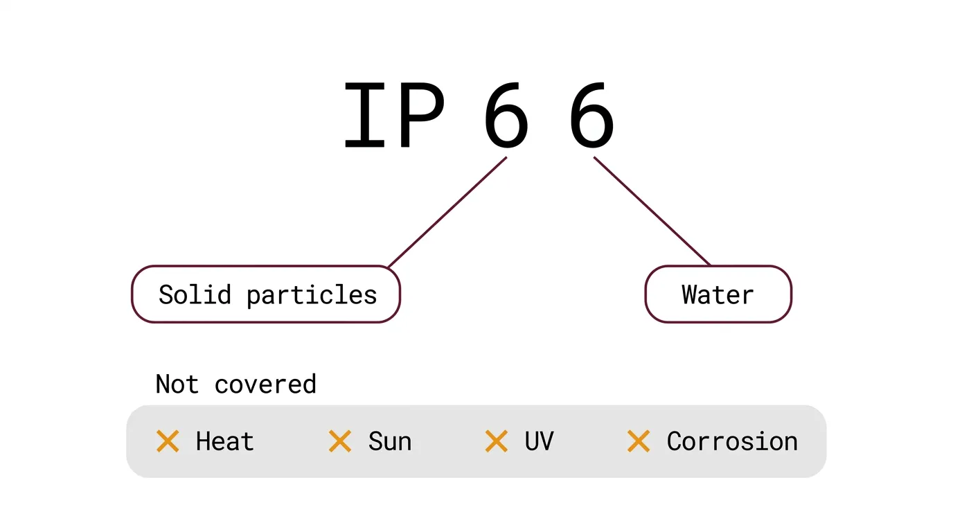 Diagram explaining the two digits of an IP rating code for outdoor IP cameras, solids and liquids