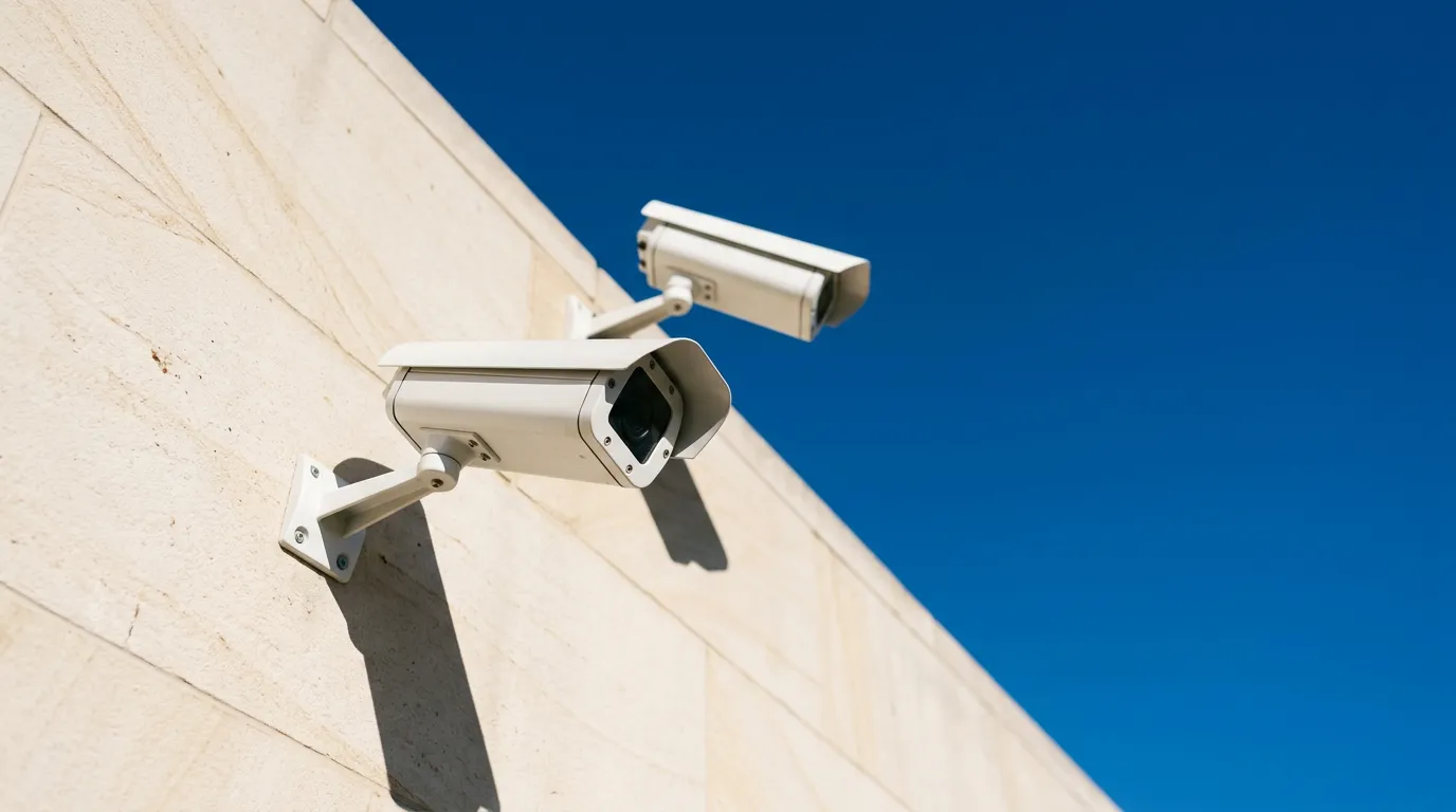 Outdoor IP cameras mounted on a building exterior under strong direct sunlight